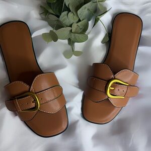 Brown Slide Sandals with Gold Buckle